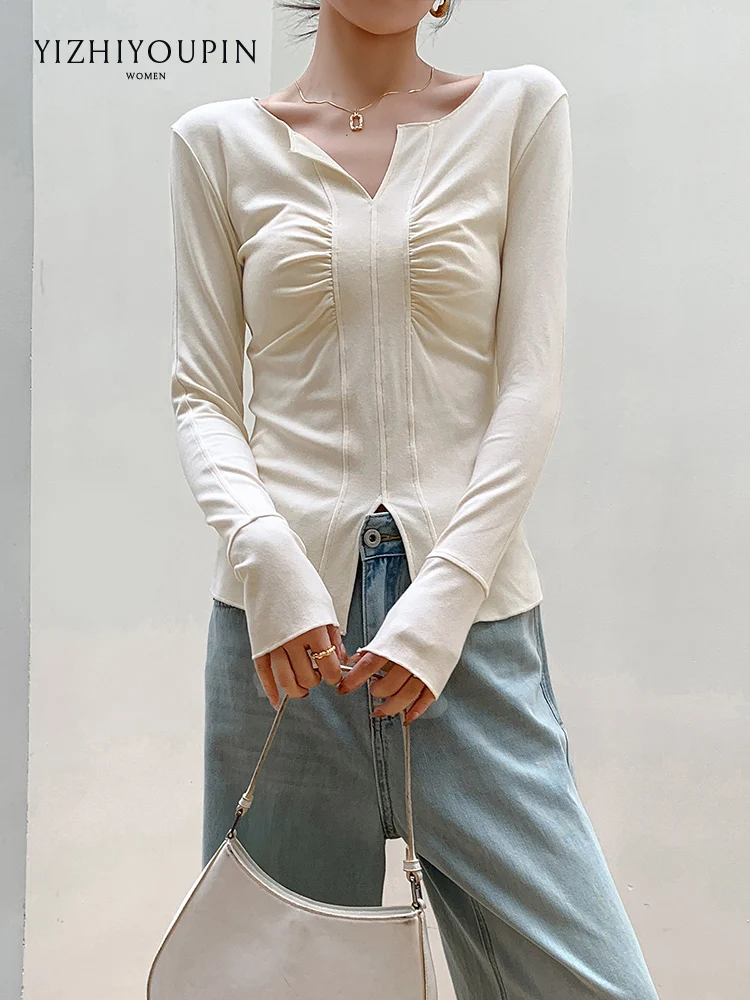 

Creamy-white V-neck Long-Sleeved Bottoming Shirt Women's Pleated Waist Tight T-shirt Slim Fit Slim Fit Versatile Top