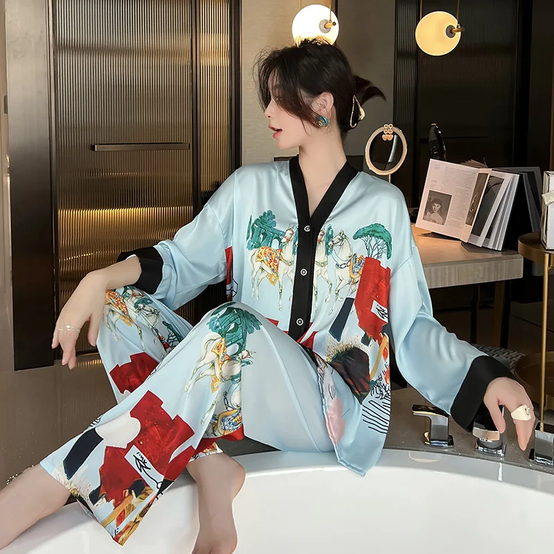 

Ice Silk Pajamas Women's Spring and Autumn Long-sleeved Two-piece Thin Silk Home Service Silk Sexy Large Size Women's Pajamas