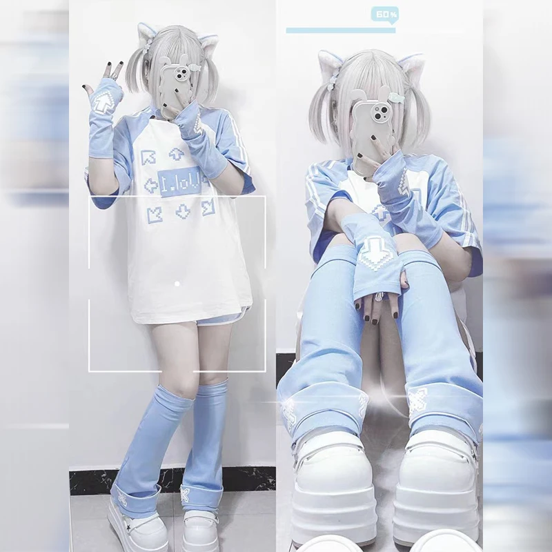 Y2K women clothing arcane stitch Short Sleeve Tops Cartoon Blue