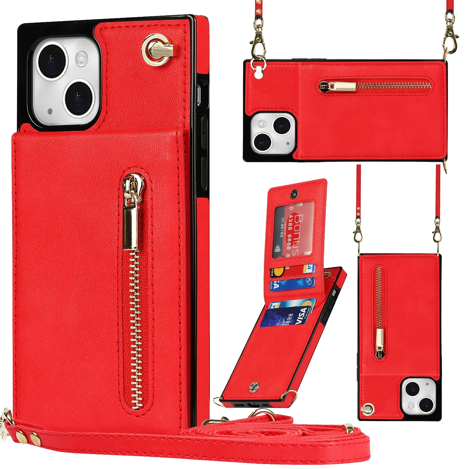 Leather Crossbody Card Holder Wallet with Zipper and Lanyard