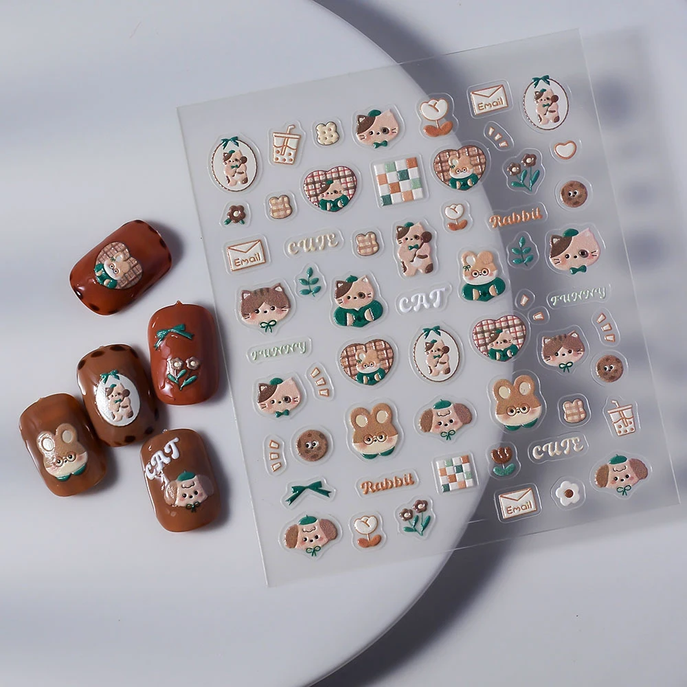 

RIZZNAIL Cartoon Cat Dog Puppy Flower Heart Fashion Embossed Relief Self Adhesive Nail Art Sticker Animal Chibi Manicure Decals