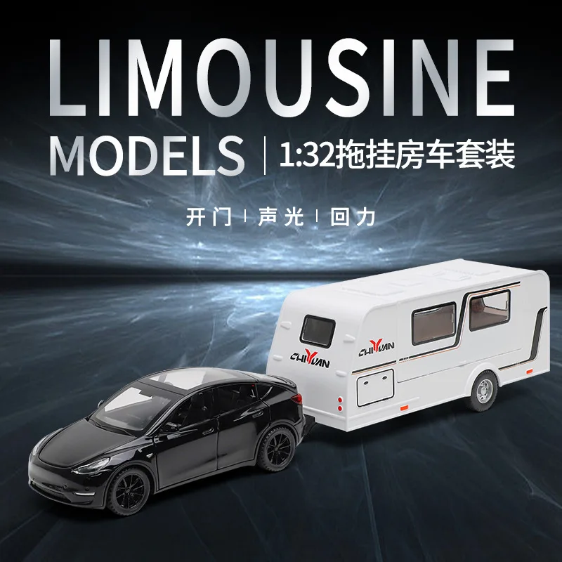 

1:32 Tesla Model Y trailer RV High Simulation Diecast Metal Alloy Model car Sound Light Pull Back Collection Kids Toy Gifts