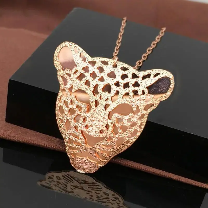 

585 Purple Gold Plated 14K Rose Gold Shiny Luxury Leopard's Head Pendant New in Fashion Exaggerated Necklace Party Jewelry