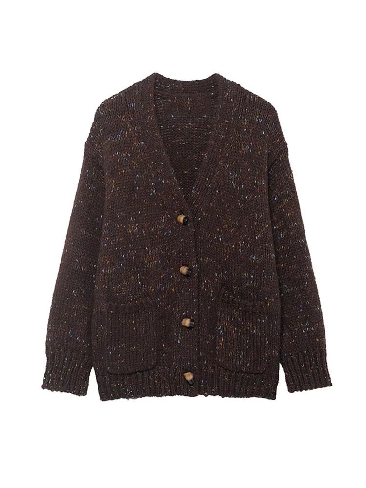 Casual Women's Knit Sweater Coat Loose V Collar Long Sleeve Single-breasted Cardigan Spring New Fashion Pockets Knitwear Top