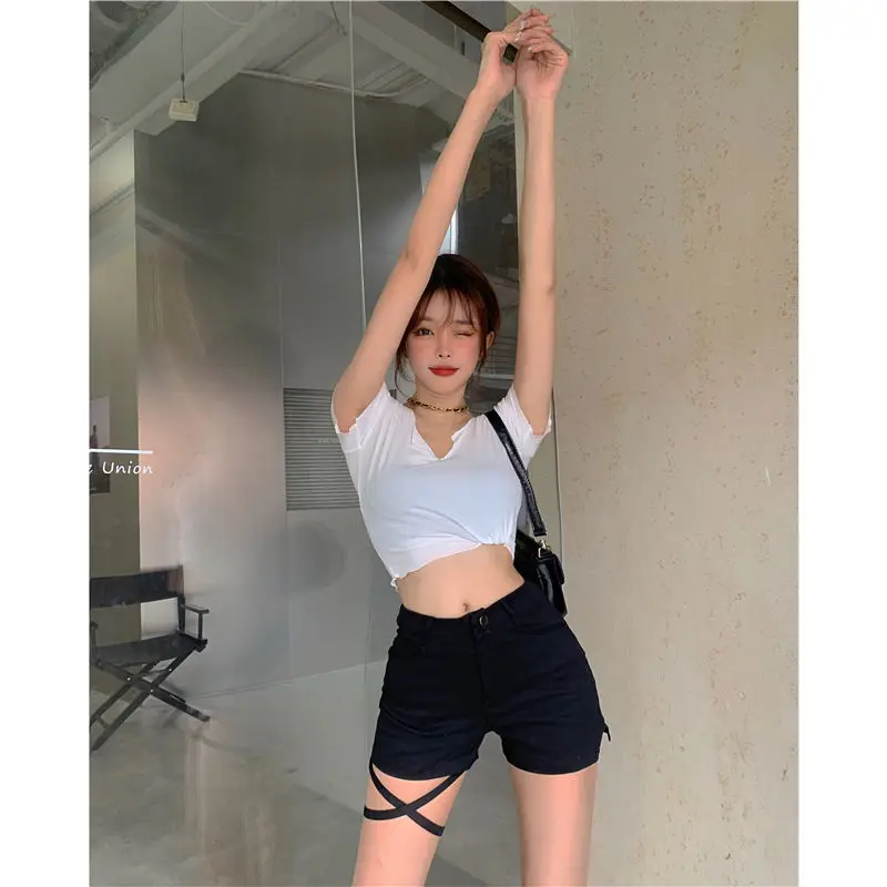 Summer New Irregular Black High Waist Straight Shorts Solid Color Thin Lacing Versatile Tight Pants Sexy Fashion Women Clothing