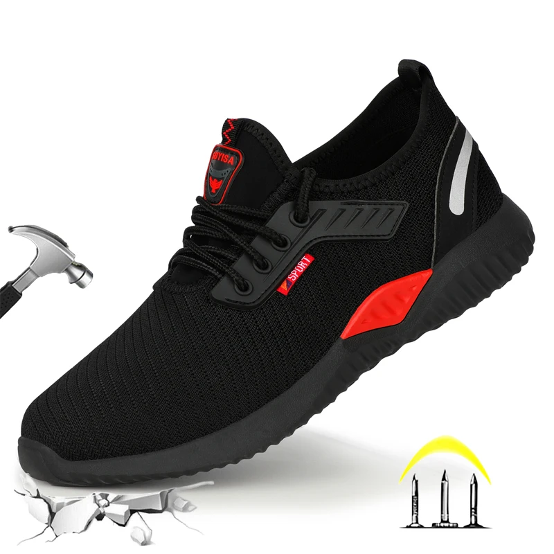 

CHNMR Summer Mesh Breathable Sneaker For Men Indestructible Safety Shoes Non Slip Cap Anti-Smash Outdoor Black Sport Shoes