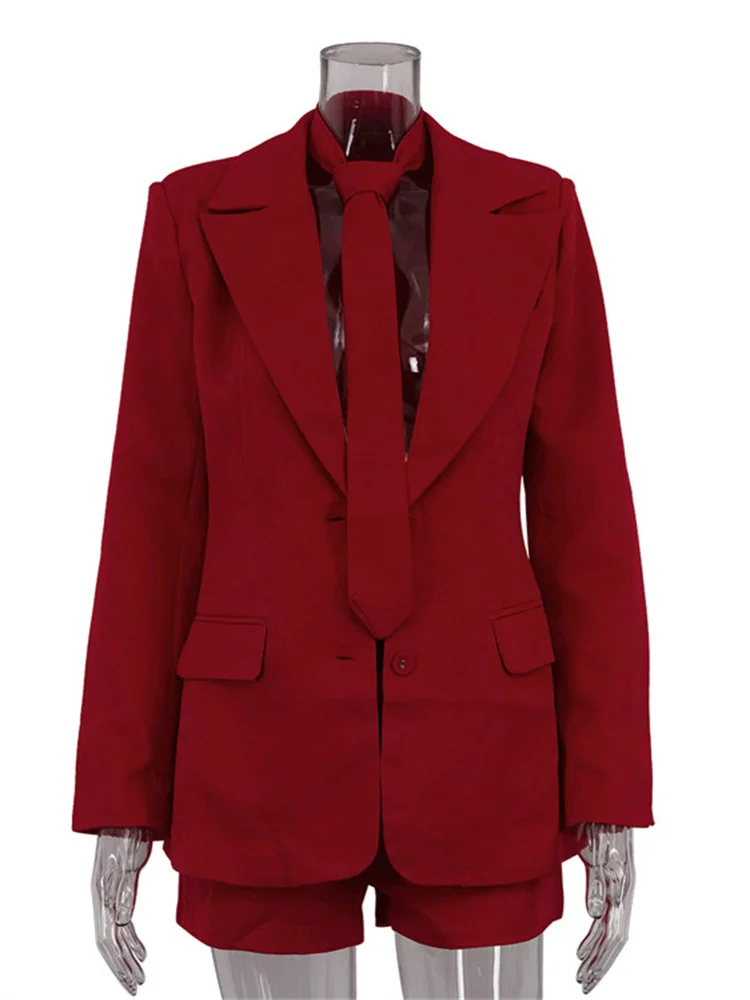 Female 2 Piece-Set Elegant Neckties Suit Pocket Outwear And High Waist Shorts Sets Commute Clothes Women's Outfits Autumn