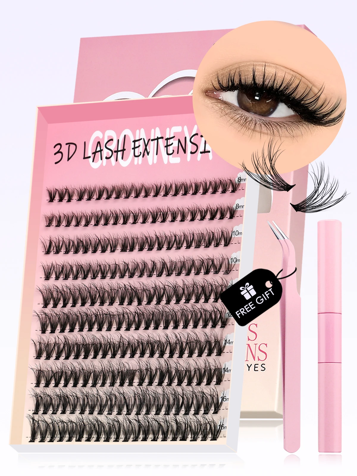 Fake Eyelashes Lash Extension Kit Eyelash Set DIY Lash Kit Thick 8-16mm Fluffy Lash Clusters Mixed Tray Individual Eyelashes Kit with Bond DIY Lashes Extension