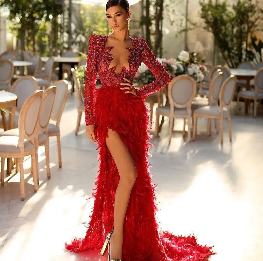 

Formal Evening Dresses Trumpet Sweetheart Long Sleeve Floor-Length Sweep Train Beaded Crystal Sequins Lace Thigh-High Slits Sexy