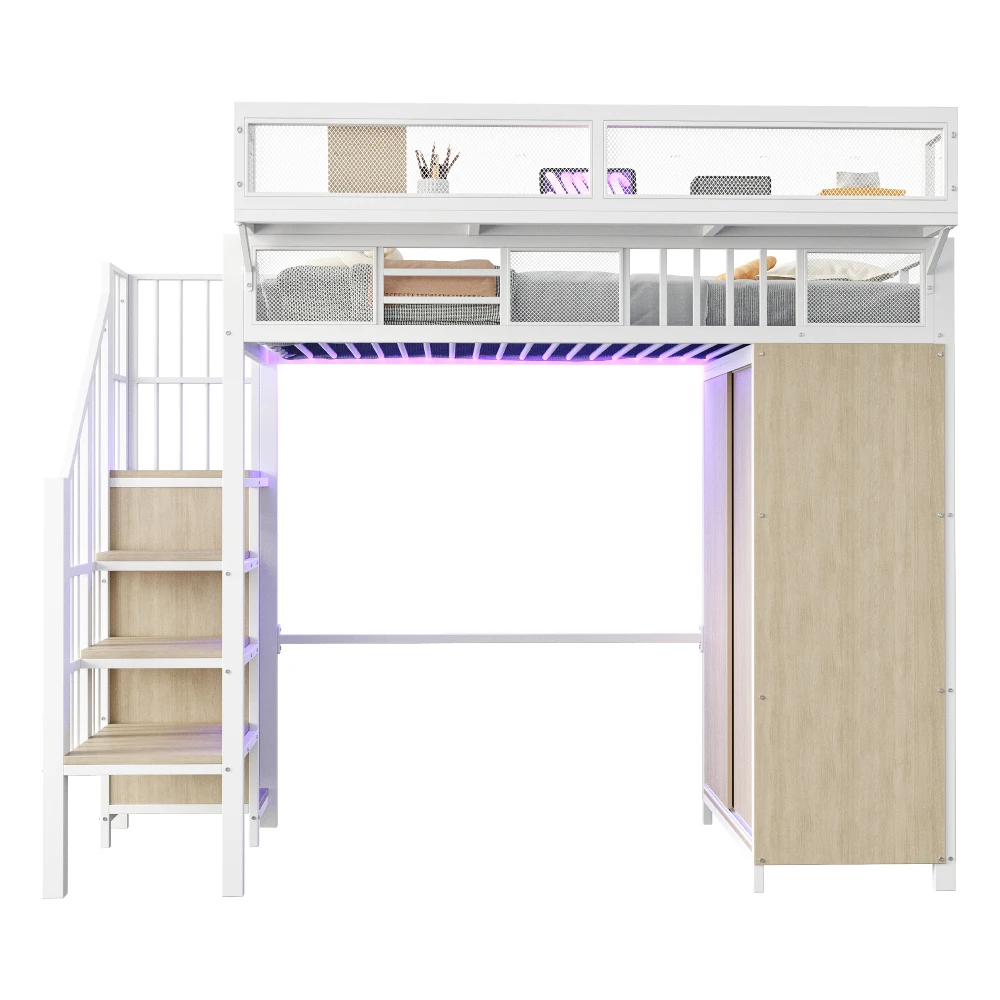 Multifunktionales Hochbett aus Metall, 90 x 200 cm, mit Kleiderschrank, Sicherheitsleiter, LED-Beleuchtung, Sicherheitsgitter, stabiles Bett für Kinder und Jugendliche – Detail 21