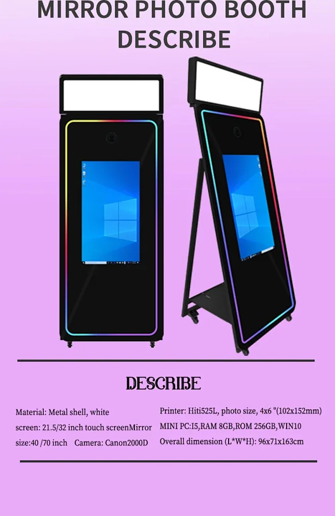 21.5 inch Photo Booth Mirror RGB LED Lighting Selfie Magic Oval Mirror Photo Booth With Camera and Printer Touch Screen