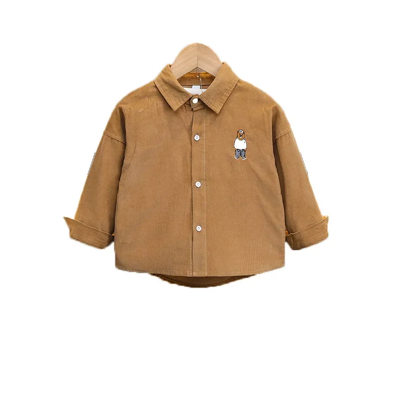 Children's Long Sleeve Shirt Boys' Embroidered Bear Corduroy Jacket Trendy Kids' Clothing Comfortable Soft Material AE Stock