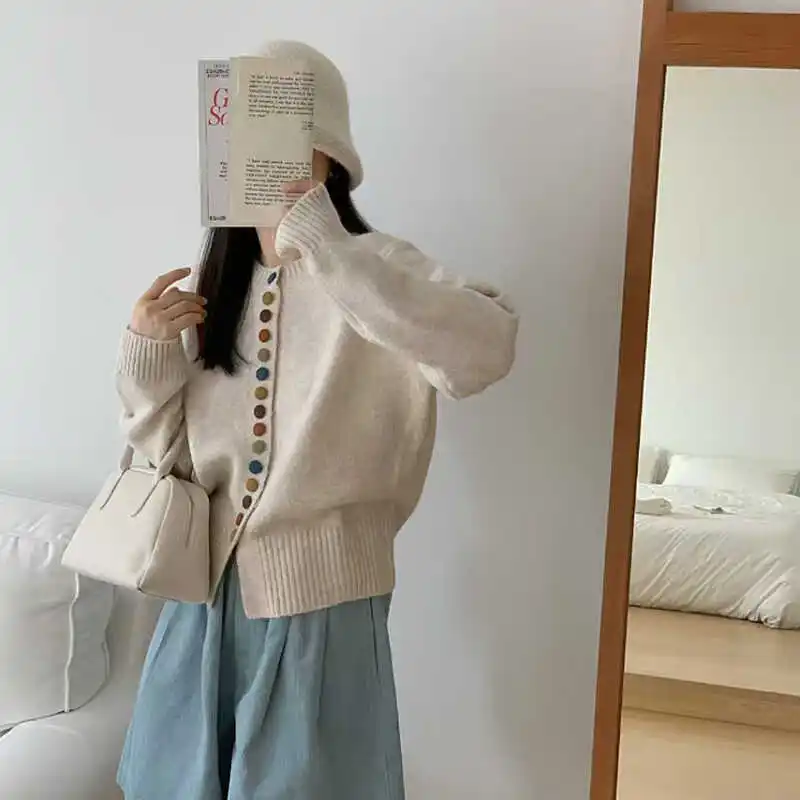 Color Button Crew Neck Long Sleeve Knitted Sweater Women's Autumn Top Lazy Wind Loose Foreign Sweater Cardigan