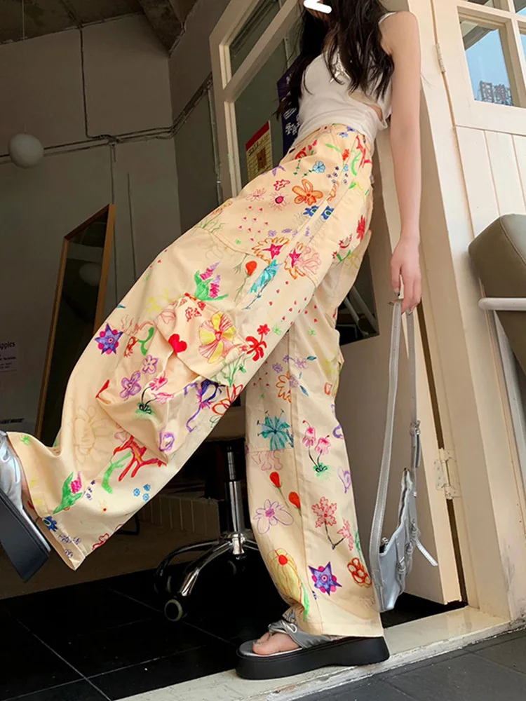 

Street Graffiti Printed Wide Leg Cargo Pants Casual Pants Loose Straight Leg Pants Harajuku Fashion Pantalones De Mujer