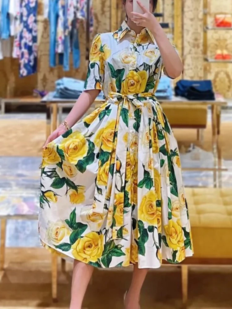 

Женское платье с коротким рукавом, элегантное желтое платье-качели с отложным воротником и принтом в виде роз, длинная однобортная юбка с поясом для весны и лета