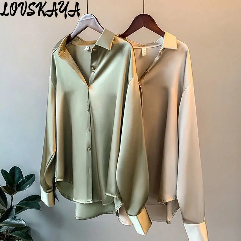 

Versatile drape retro Hong Kong style shirt top long sleeved satin shirt female design sense niche spring new style