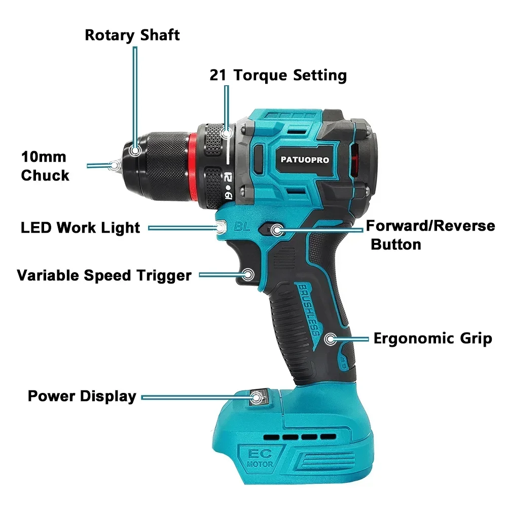 2-Speed 10mm Electric Brushless Drill Cordless Handheld Drill Screwdriver 60-100N.m Portable Power Tools For Makita 18V Battery 3