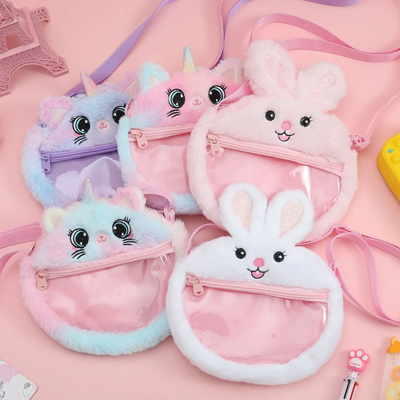 Kids Transparent Tie Dye Unicorn Bunny Plush Crossbody Purses And Handbags Girls Fluffy Purse Cute Cartoon Furry Shoulder Bag