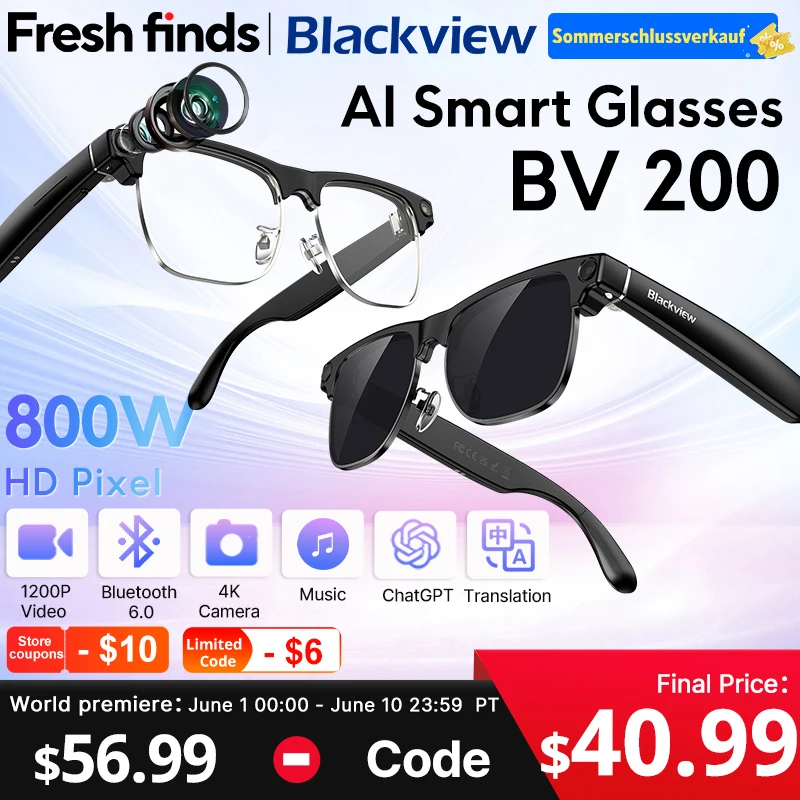 【Estreno mundial】Gafas Blackview BV200 con cámara 8MP 4K HD, llamadas Bluetooth, asistente de voz y traducción por IA