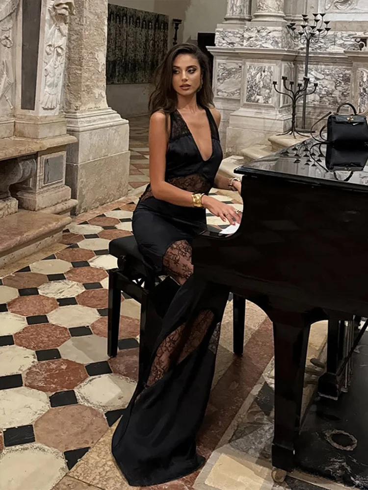 Sexy Backless Party Dress Women Patchwork Lace Sleeveless Halter Maxi Female Dresses 2025 V-neck Slim Hip Package Lady Robes 2