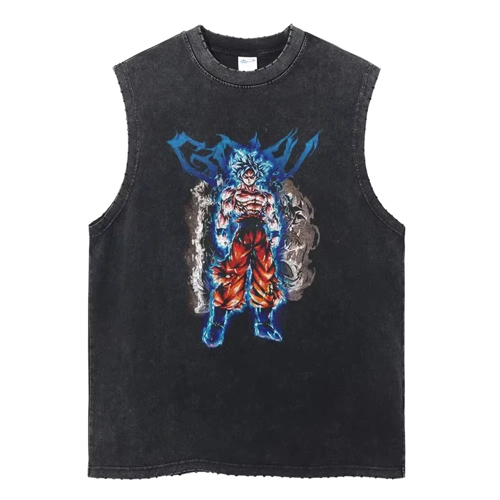 Vintage Vest Washed T-Shirt Anime Dragon Ball Graphic Tank Top Cotton Sleeveless Streetwear Loose GYM T Shirt Men's Clothing