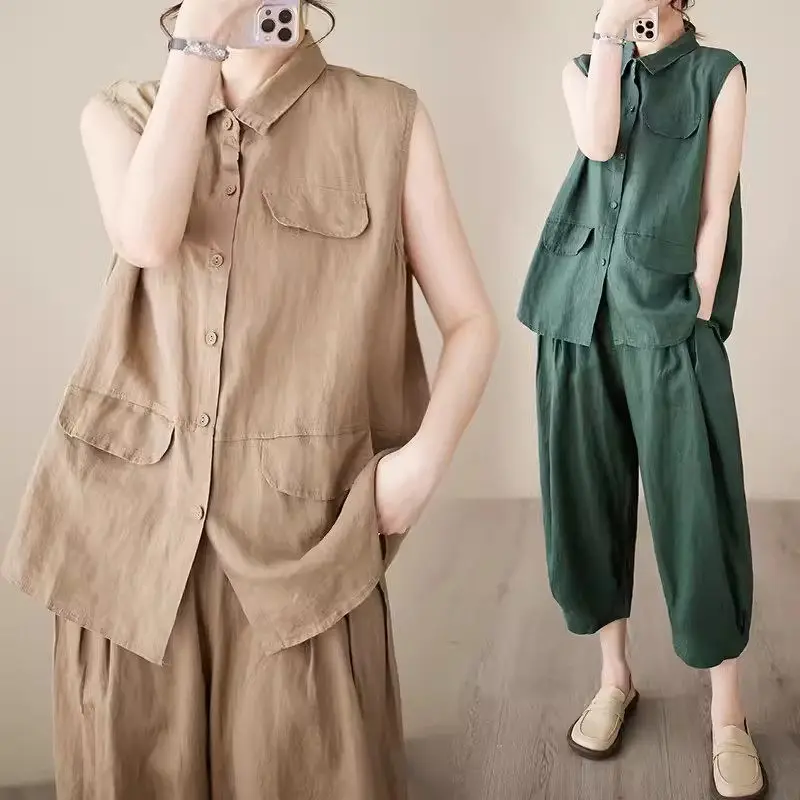 

Женский спортивный костюм из двух предметов, повседневный жилет и брюки из хлопка и льна оверсайз, модель K718 на лето, 2024