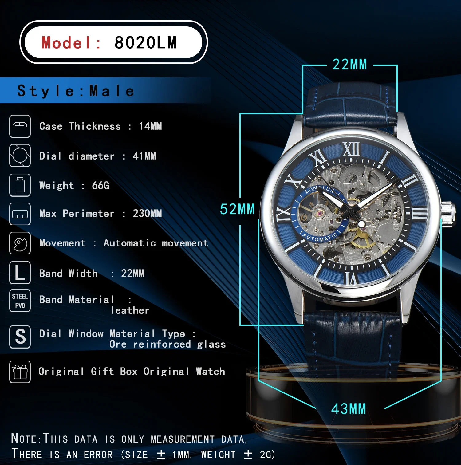 LONGLUX Automatic Waterproof Leather Wristwatch with Roman Numerals - Luxury Men's Gift