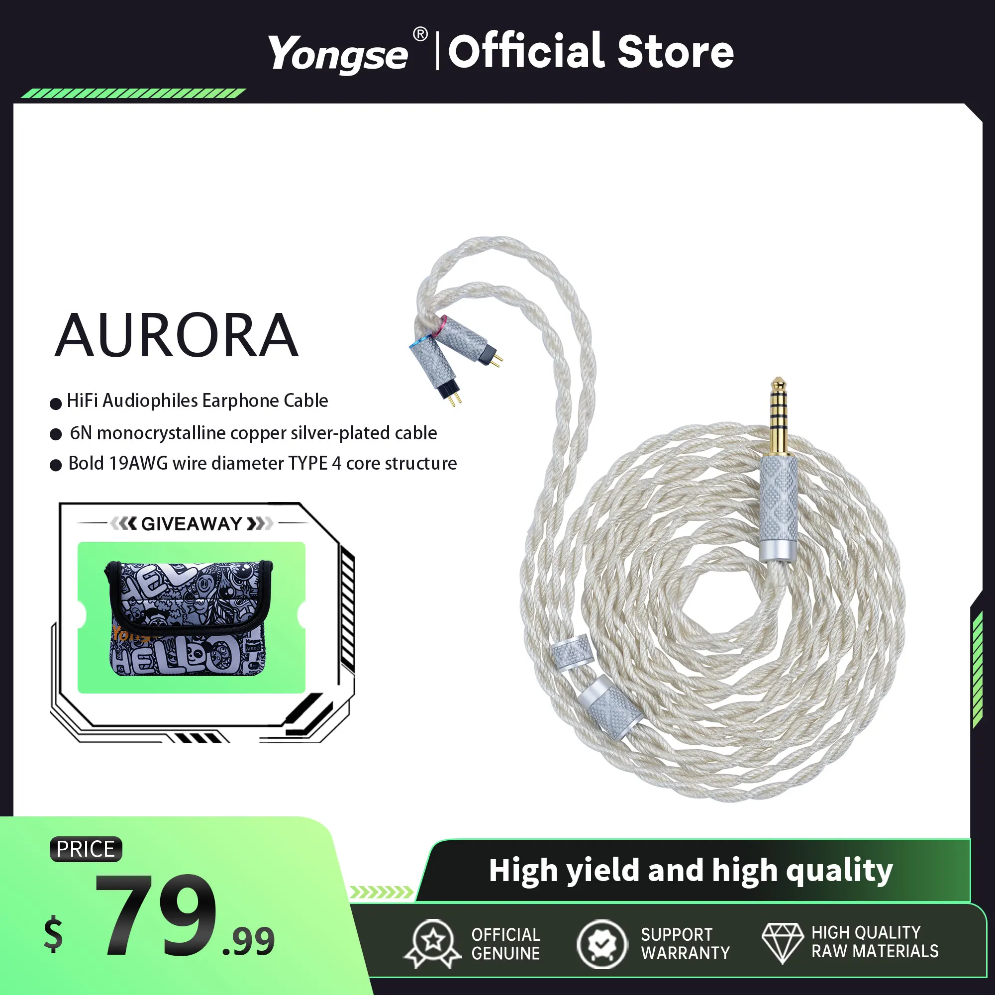 

YONGSE Aurora 4 Strand 6N UP-OCC Litz однокристальный медный посеребренный Hi-Fi аудиофил кабель для наушников 7 Гц TANGZU SIMGOT