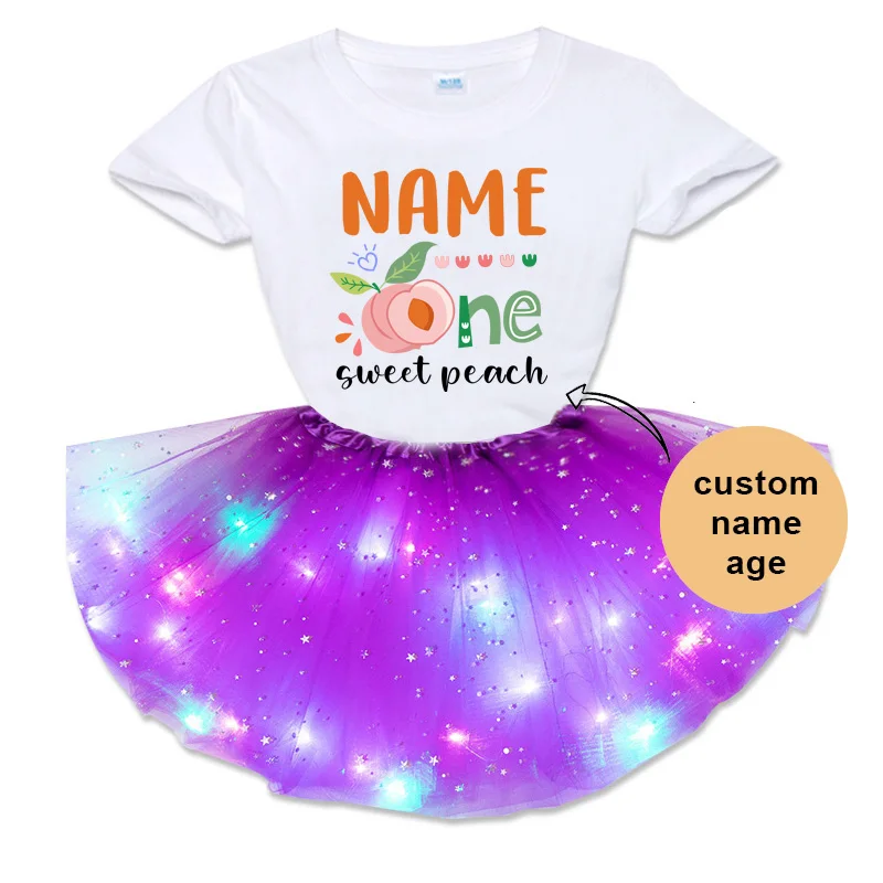 

2023 Lovely Peach T Shirt Birthday Party Outfits Girls Birthday Tutu Outfit Suits Custom Name Dress Set Girl Kids Clothes