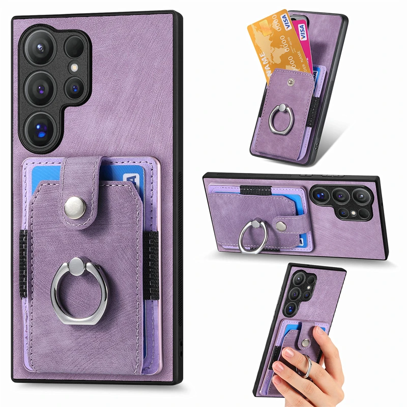 Luxury Leather Magnetic Wallet Case with Ring Stand and Card Slots