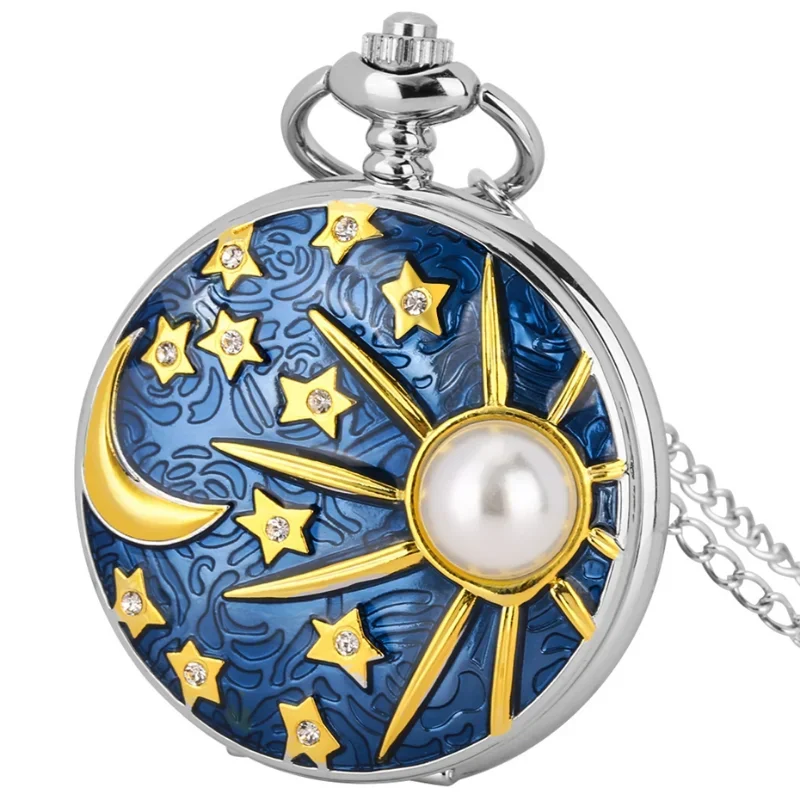 New relief sea blue star and moon quartz necklace inlaid with pearl silver pocket watch pendant chain for male and female studen