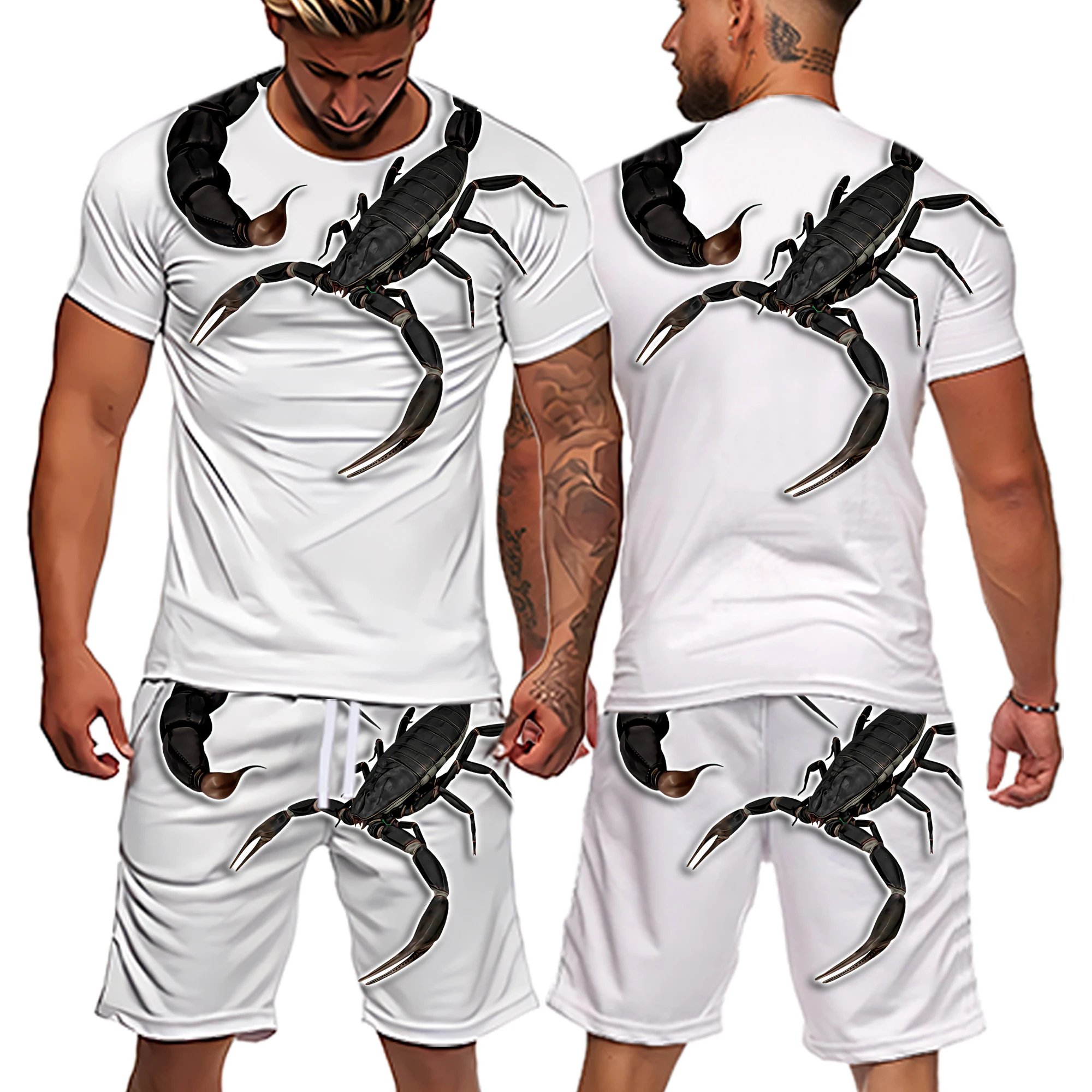 

Casual Sweatshirt Solid Color T-shirt Set Outfit Shorts Sportswear Men Tracksuit Men's Sportsuit Scorpion Pattern Fashion Summer