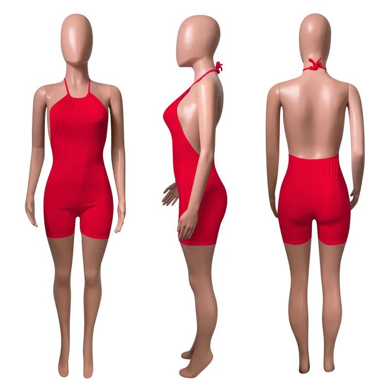 2022 Summer Women Sexy Streetwear Bodycon Solid  Playsuits Halter Backless Ribbed Fitness Jumpsuits Rompers Overalls for Women