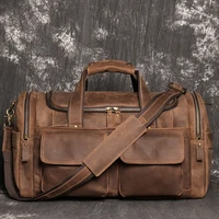 Retro Brown Men's Hand Luggage Bag Crazy Horse Leather Large Capacity Travel Bag Business Weekend One Shoulder Messenger Bag 1