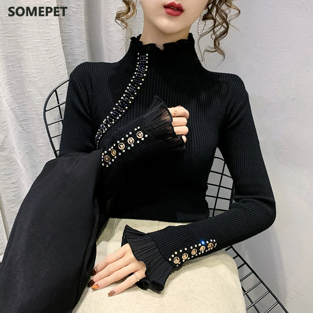 

2021 Women's Autumn Winter Clothing New Korean Version Of Beaded Lace Stitching Lotus Leaf Turtleneck Long Sleeve Sweater