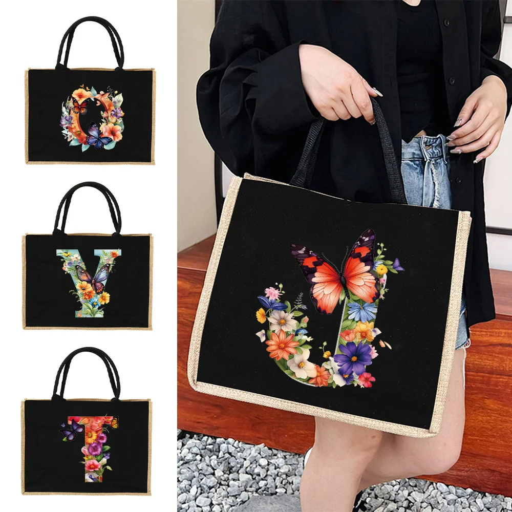 New Gunny Bag Designer Handbag Butterfly Letter Print Pattern Borsa A Tracolla In Lino Borsa Da Viaggio In Iuta Imitazione Borsa Per La Spesa Da Donna