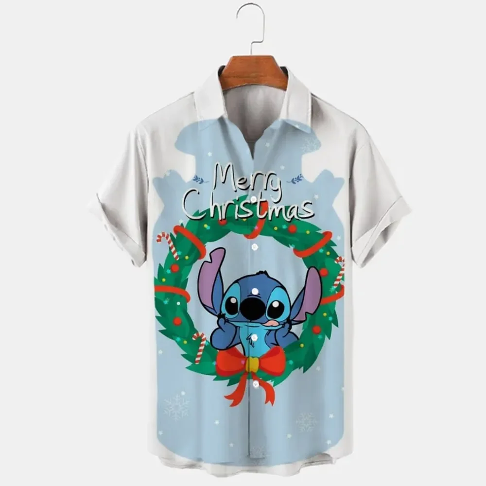New Christmas Disney Brand Kawaii Stitch and Mickey Anime 3D Printing Men\'s Lapel Short Sleeve Shirt Harajuku Style Slim Top Y2K