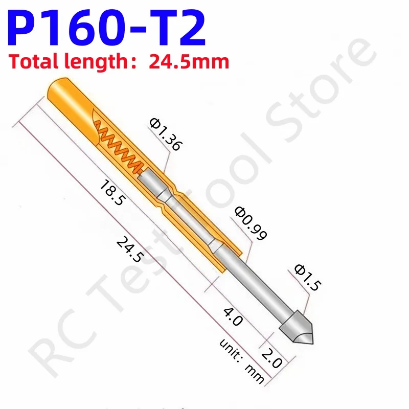 100 pz P160-T2 molla Test sonda Pin di prova Pogo Pin nichelato Pin Dia1.36mm lunghezza 24.5mm P160-T testa di prova Dia1.5mm strumento PCB