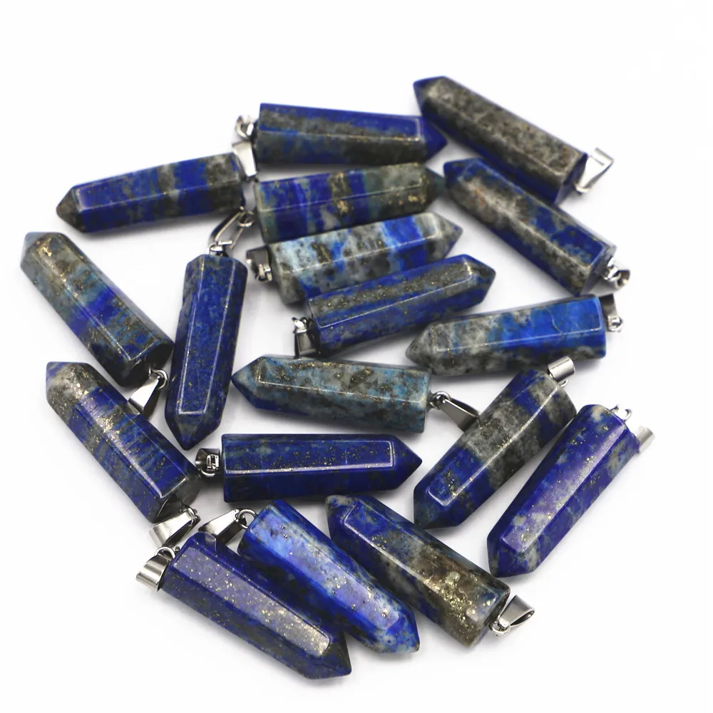 Hot Natural Lazurite Lapis Lazuli Stone Point Pillar Pendants Charms Penduloum Hexagonal Column for Women Jewelry 32x10mm 12pcs