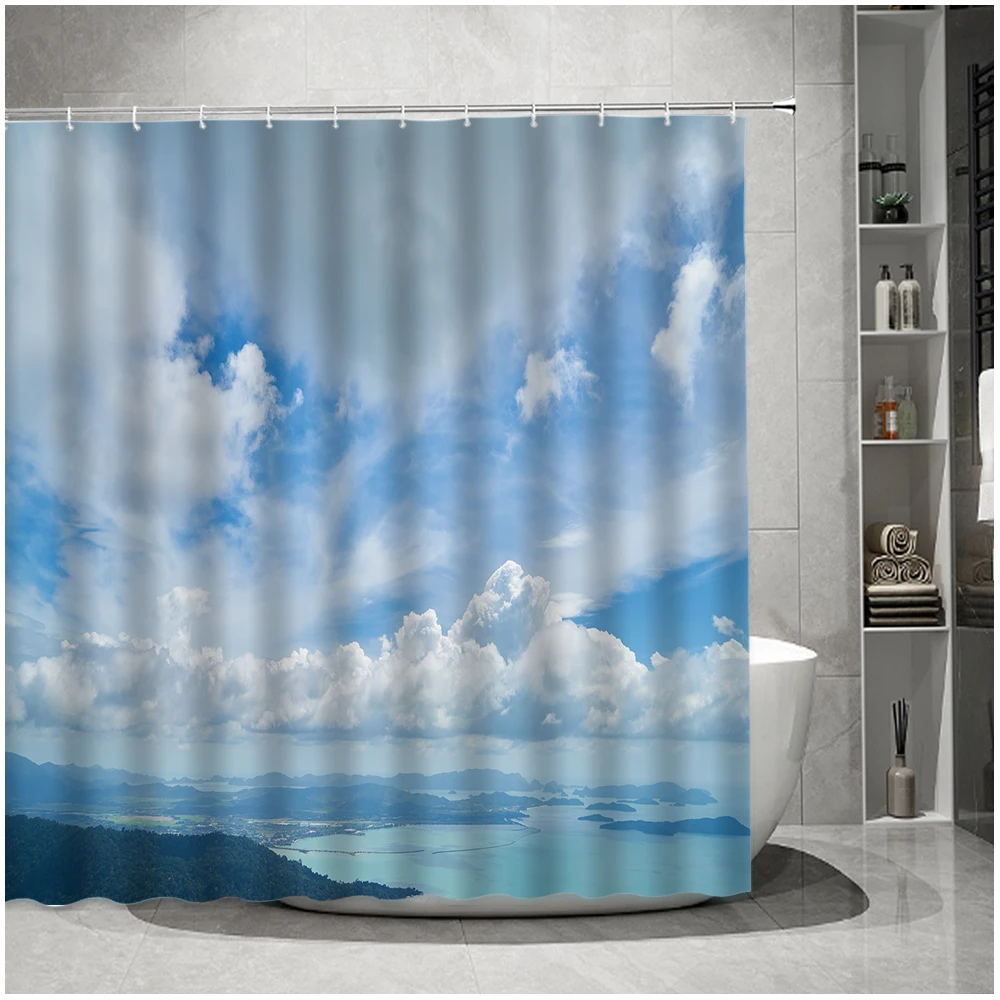 

Colorful Clouds Sunset Shower Curtain Coastal Sea Waves Rocks Beach Seascape Fabric Bathroom Decor Bath Curtains Set with Hooks