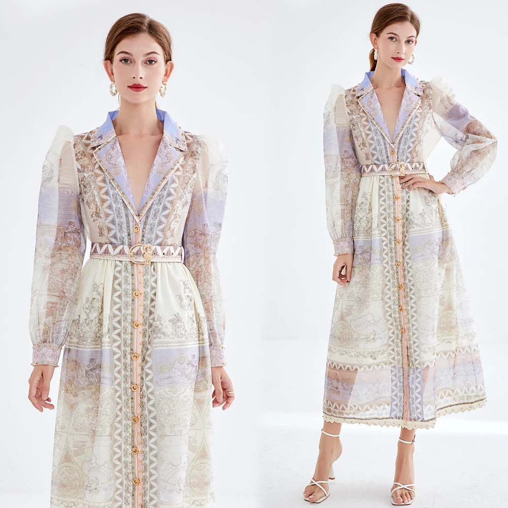 

Women Dress 2024 Patchwork Belt Chiffon Lace Print Long Sleeve Notched Single Breasted Embroidered Flares Dresses