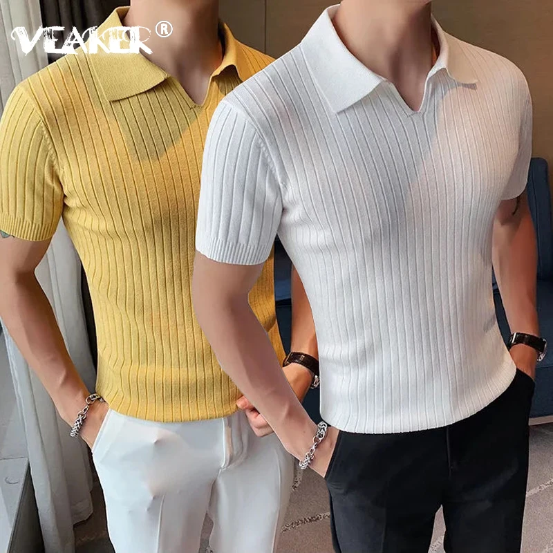 Brand Summer Polo Shirts Men Short Sleeve T-shirt British Knit Polos Casual Stripe Fashion Poloshirts Ice Silk Fabric Tops