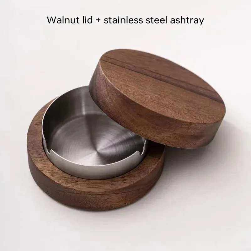 Cigarettes Ashtray New Creative Desktop Stainless Steel Windproof Ash Tray for Smoking With Lid Walnut Wood Office Home Decoration