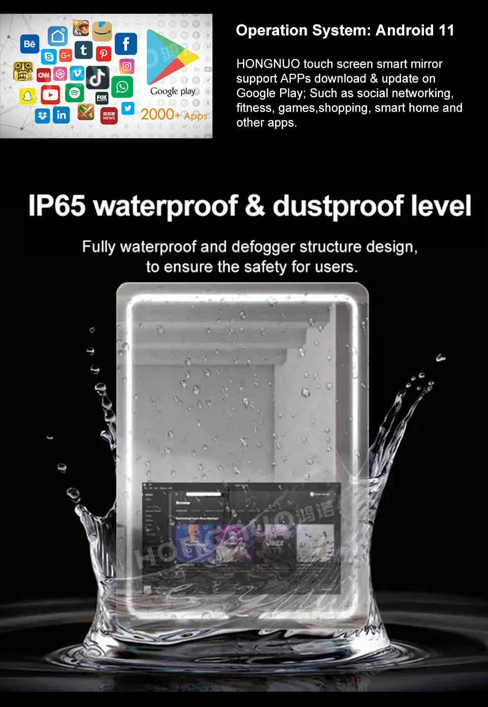 Description Picture 4 of itemTouch Screen Interactive Rectangle Wall Mirror Customised Led light Waterproof Smart Magic Mirror with tv WIFI Bath mirrors