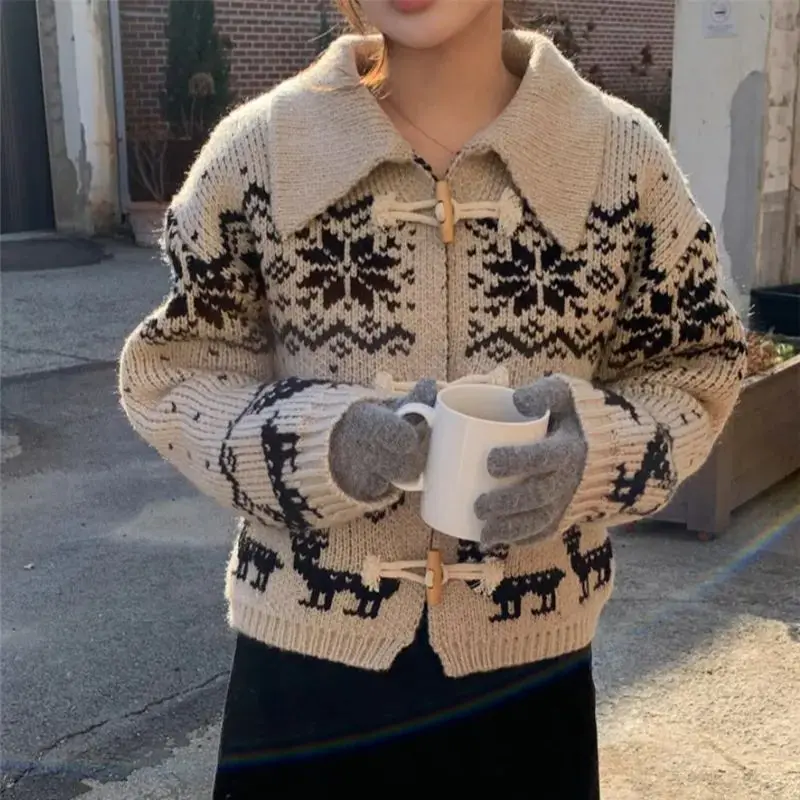 용수철 눈송이 사슴 무늬 여성용 스웨터 재킷, 뿔 단추 턴다운 칼라, 양모 니트 가디건, 캐시미어 코트, 점퍼 H716