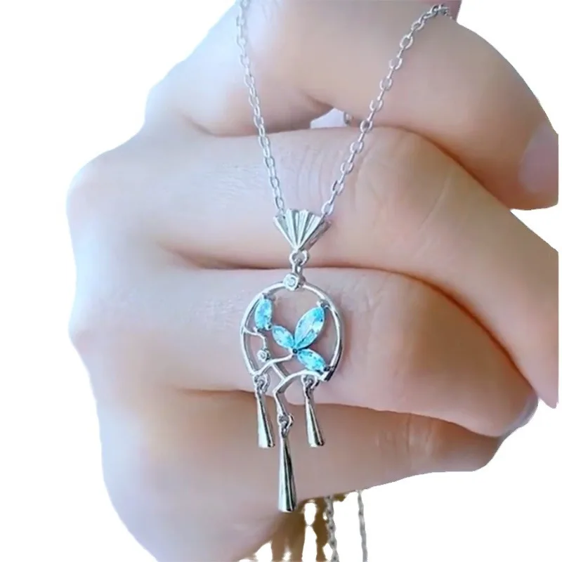 CLASSICAL BEAUTY Micro inlaid blue zircon retro window screen flowing tassel design necklace Ladies Gentle Design Necklace gift