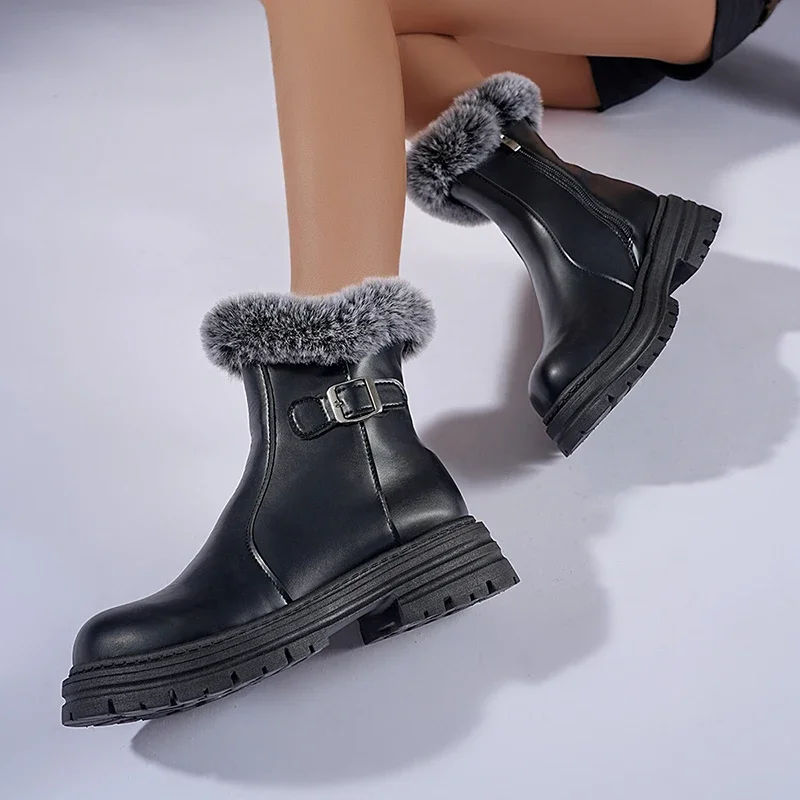 Fashion Faux Fur Platform Ankle Boots Women Pu Leather Fleece Lining Warm Winter Boots Woman Plus Size 43 Thick Heel Short Botas