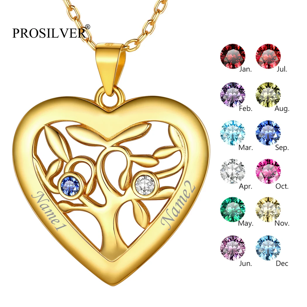 

PROSILVER Family Tree Custom Name Engrave Birthstone Heart Sterling Silver Necklaces Gold/Silver Pendants Women Girls PYP15070