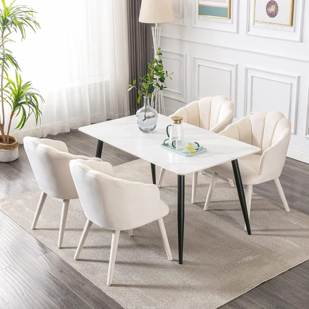 Velvet Dining Chairs Set of 4 Modern Living Room Chairs with Petal Back & Wood Legs Comfy Upholstered Side Chair for Dining Room 5