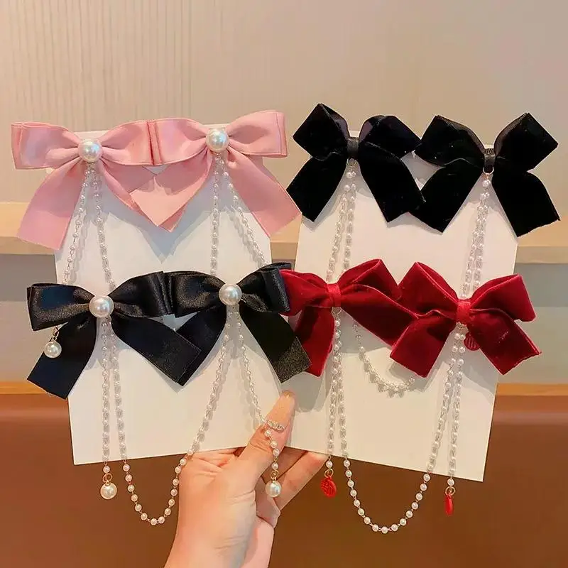 Neue Elegante Perlen-Schleife Quasten-Haarspangen Einfarbige Samt-Haarklauen Kinder-Prinzessinnen-Haarnadeln Haaraccessoires – Detail 1